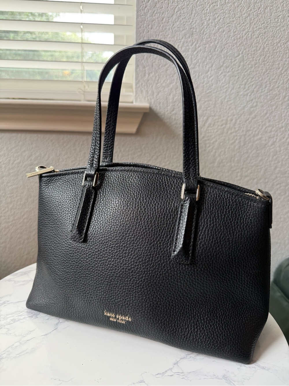 kate spade Black Pebbled Leather Double-Handle Tote with Gold Accents